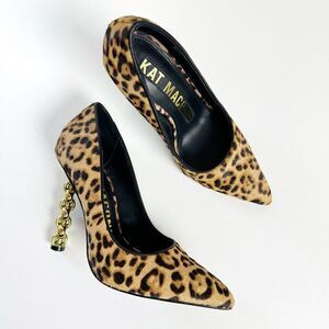 KAT MACONIE Lydia Leopard Pointed Toe Pumps Size 5 Gold Chain Heels Black Brown
